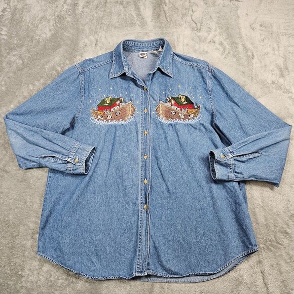 Vintage Quizz Top Womens L Blue Denim Noahs Ark Embroidered Button Up Bible - Picture 2 of 9